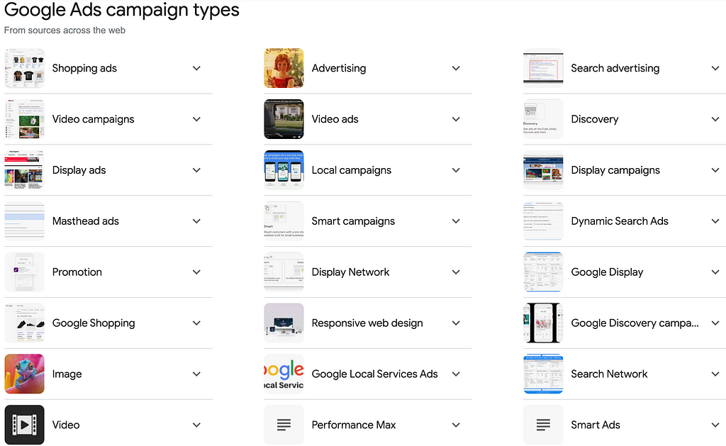search result asking what are the campaigns types from Adwords
