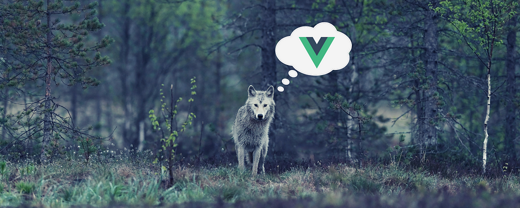 A wolf alone in a forest, with a thought bubble over the left side of its head with the Vue logo inside.