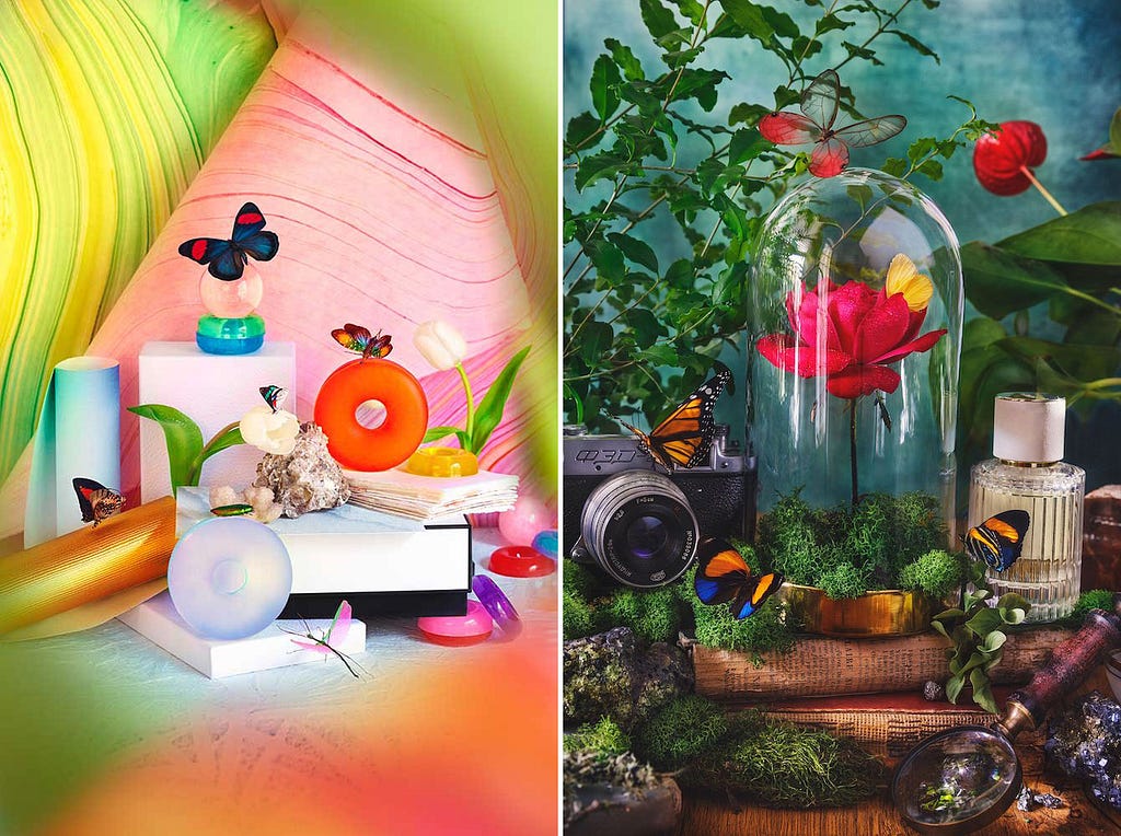 Two highly-stylized and beautifully colorful photographic still lifes. On the left agains a pink and kelly green background are butterflies and circular colored shapes of glass. On the right is a red rose underneath a glass dome. It’s surrounded by greenery and butterflies and alongside it are a camera (left) and a perfume bottle (right).