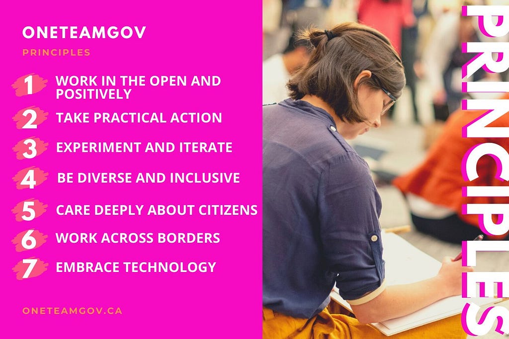 Left: 7 OneTeamGov Principles on pink background. Right: photo from June 2019 Unconference participant writing in a notebook.