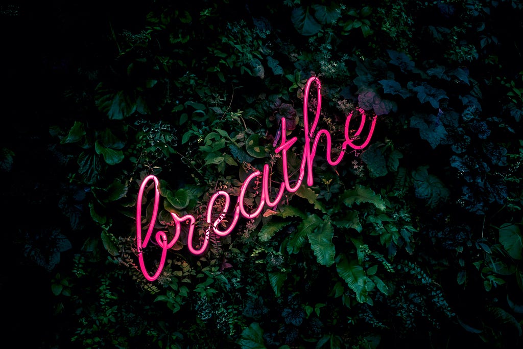 The word “Breathe” made of pink neon. The background depict green leaves