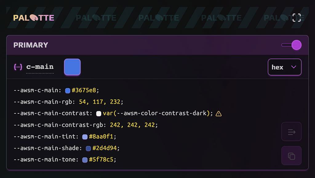 Screenshot of Design Tokens Generator app showcasing the Primary color Set interface and output