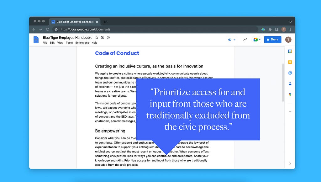 Screenshot of Blue Tiger’s Code of Conduct. Highlighted: “Prioritize access for and input from those who are traditionally excluded from the civic process.”