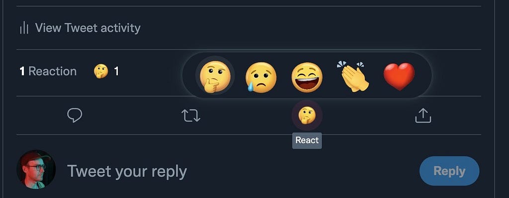 Twitter feature preview “react with an emoji”.