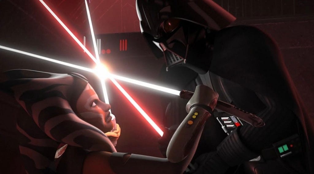 Ahsoka Tano duels and is almost killed by her former master Anakin Skywalker, now known as Darth Vader, in the Sith temple on Malachor. S2E18 of Star Wars Rebels.