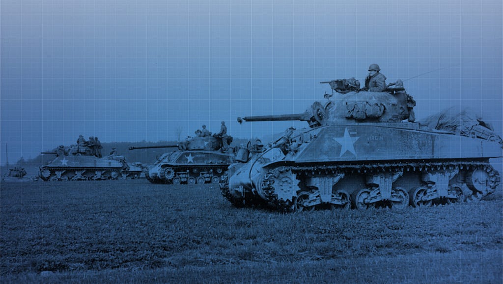 A fleet of tanks rolls across a battlefield .