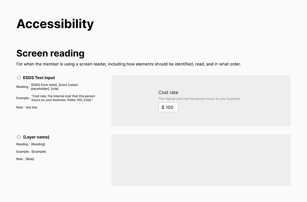 Accessibility screen reading specs per element