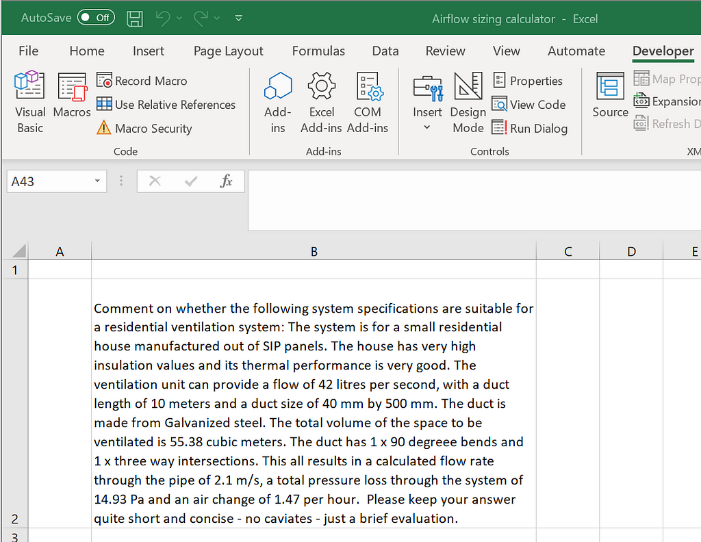 An MS Excel UI with a system message typed into a cell.