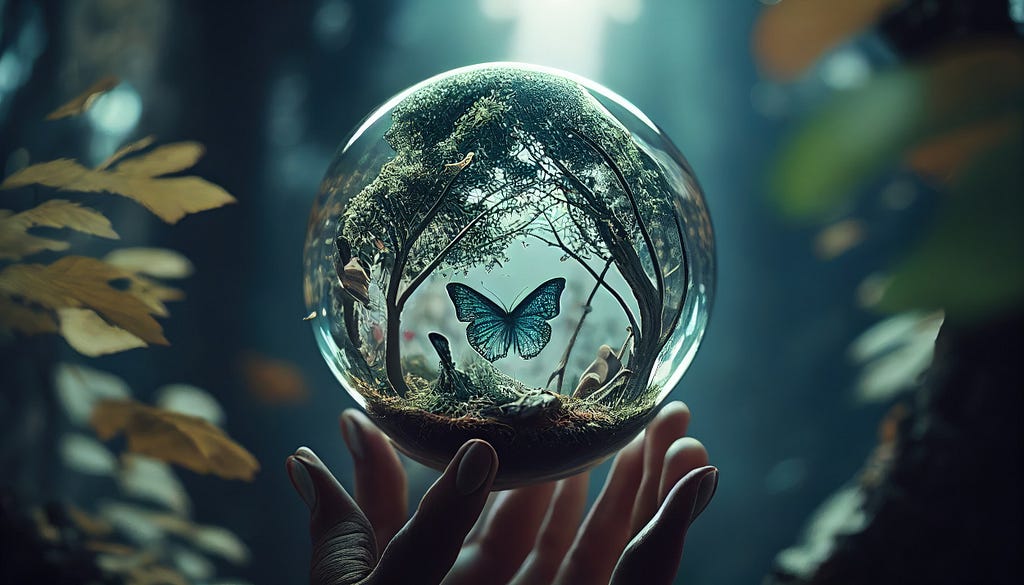 blue butterfly in a glass globe held on fingertips in a forest