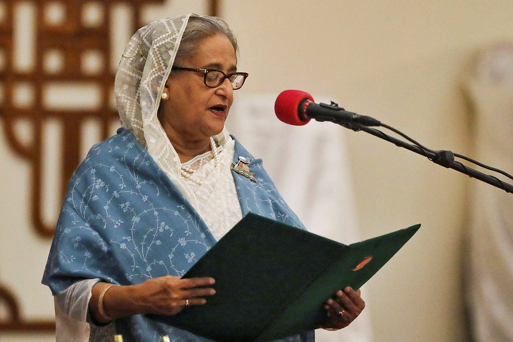 Prime Minister Sheikh Hasina takes oath as the country’s Prime Minister at the Bangabhaban in Dhaka, Bangladesh, January 11, 2024. Photo by Mohammad Ponir Hossain/Reuters