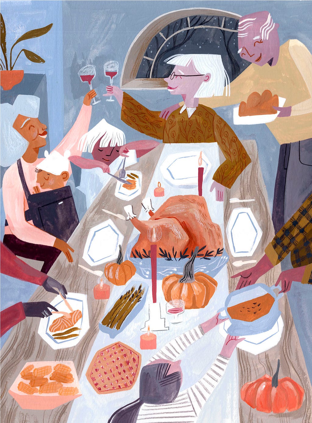 a white haired woman clinks her glass with a gray haired woman carrying a baby while a man serves a dish on a table with a big turkey in the middle by Rae Ritchie (represented by Jennifer Nelson Artists, Inc.)