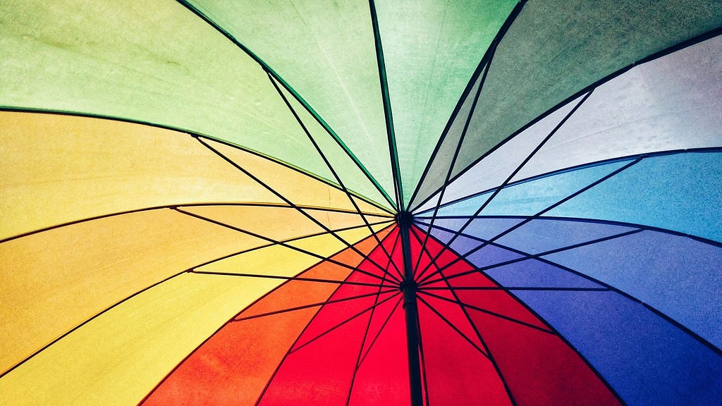 Um guarda-chuva com tons de vermelho, amarelo, verde e azul. Fonte: http://blog.allbags.com.br/2019/04/15/cores-astral/
