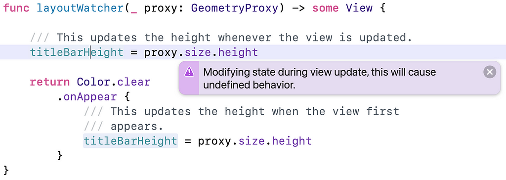 The block of code including the layoutWatcher function. A runtime issue on the first line where the title bar height is set says, “Modifying state during view update, this will cause undefined behavior.”