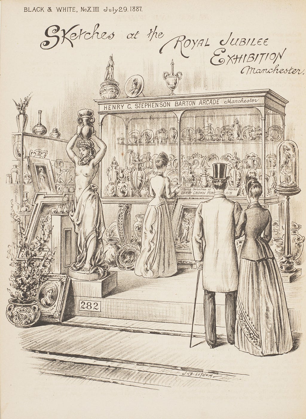 A young lady in Victorian dress browses a large, glass and china-filled cabinet. A well-dressed couple approach arm-in-arm.