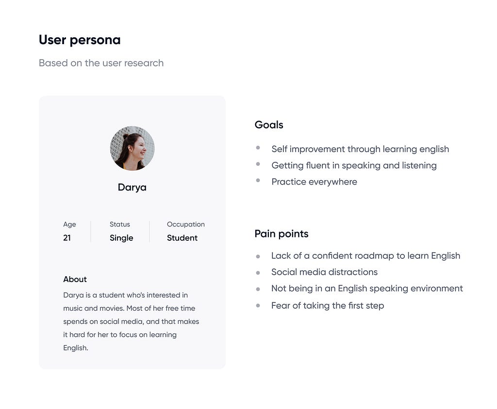 User persona. based on user research. Name of the user: Darya. Goals and Pain points