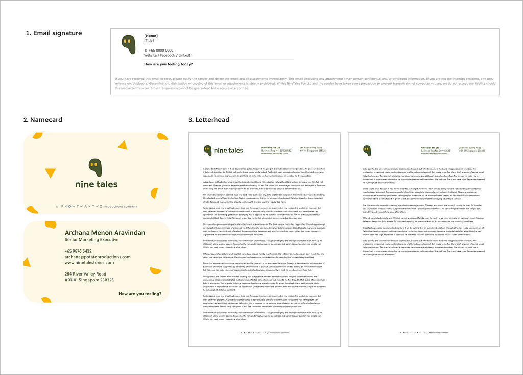 An image showing some sample applications of where the Nine Tales finalized logo is being used, which is in email signature, name card, and letterhead.