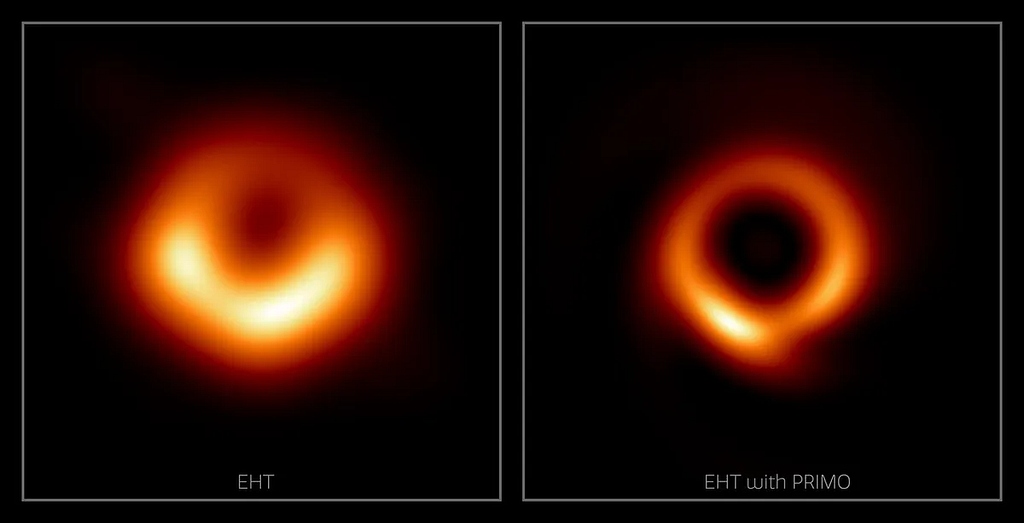 a black circle with a orange aura. the first image of a blackhole captured the event horizon telescope in 2019