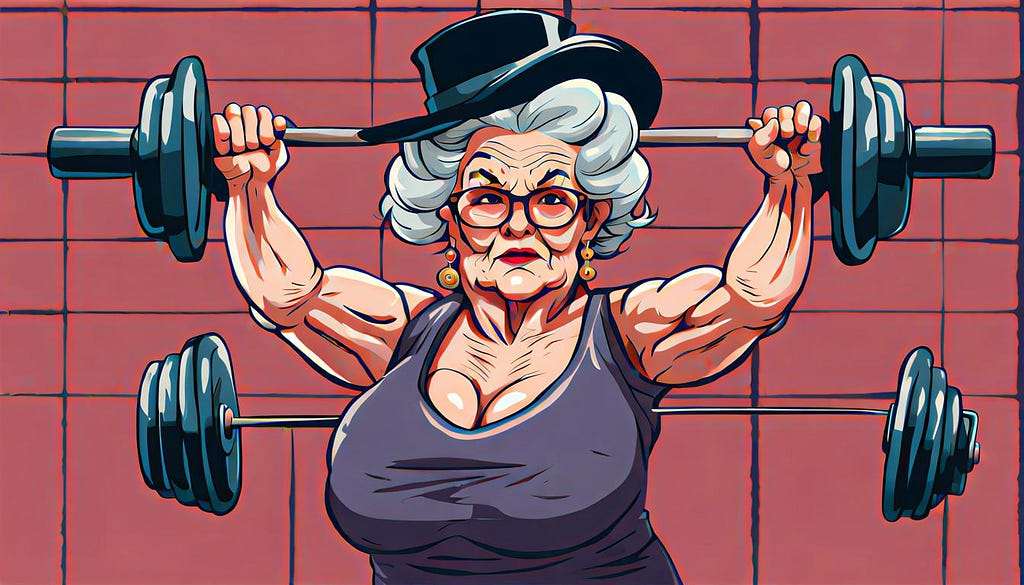 Older lady weightlifting in gym, cartoon art