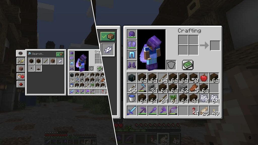 Visual composition of the Minecraft interface in normal size and multiplied by two