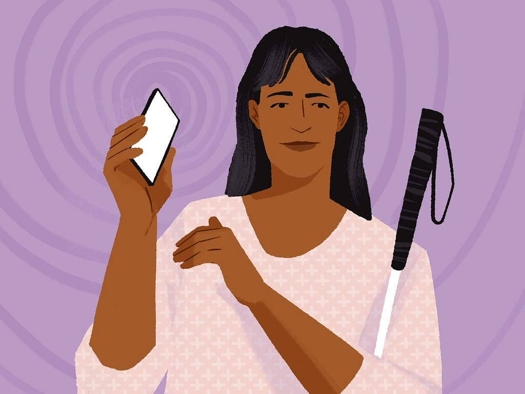 Illustration of a woman holding a phone to her ear, listening to alt text read-out.