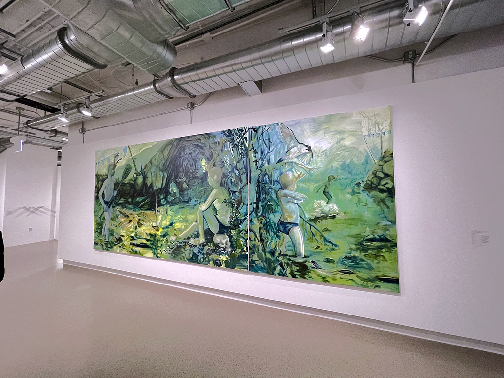 A series of three large paintings on canvas with hybrid children as the dominant subject matter. The children have antlers. The dominant colors are shades of green. It appears that the environment depicted in the paintings is swampland.