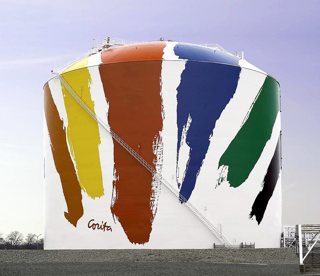 Photograph of the Boston natural gas tank, which Corita designed the Rainbow Swash.