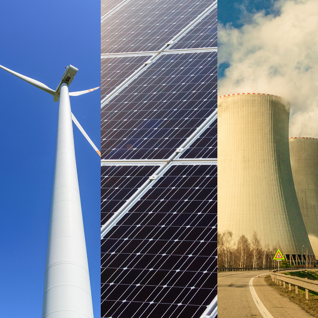 A split image showcasing three forms of sustainable energy: a wind turbine against a clear blue sky, a close-up of solar panels, and a nuclear power plant with cooling towers emitting steam.