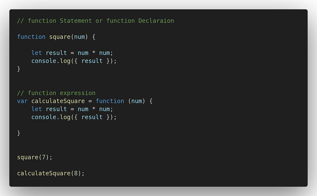 Code example for function statement , declaration and expression.