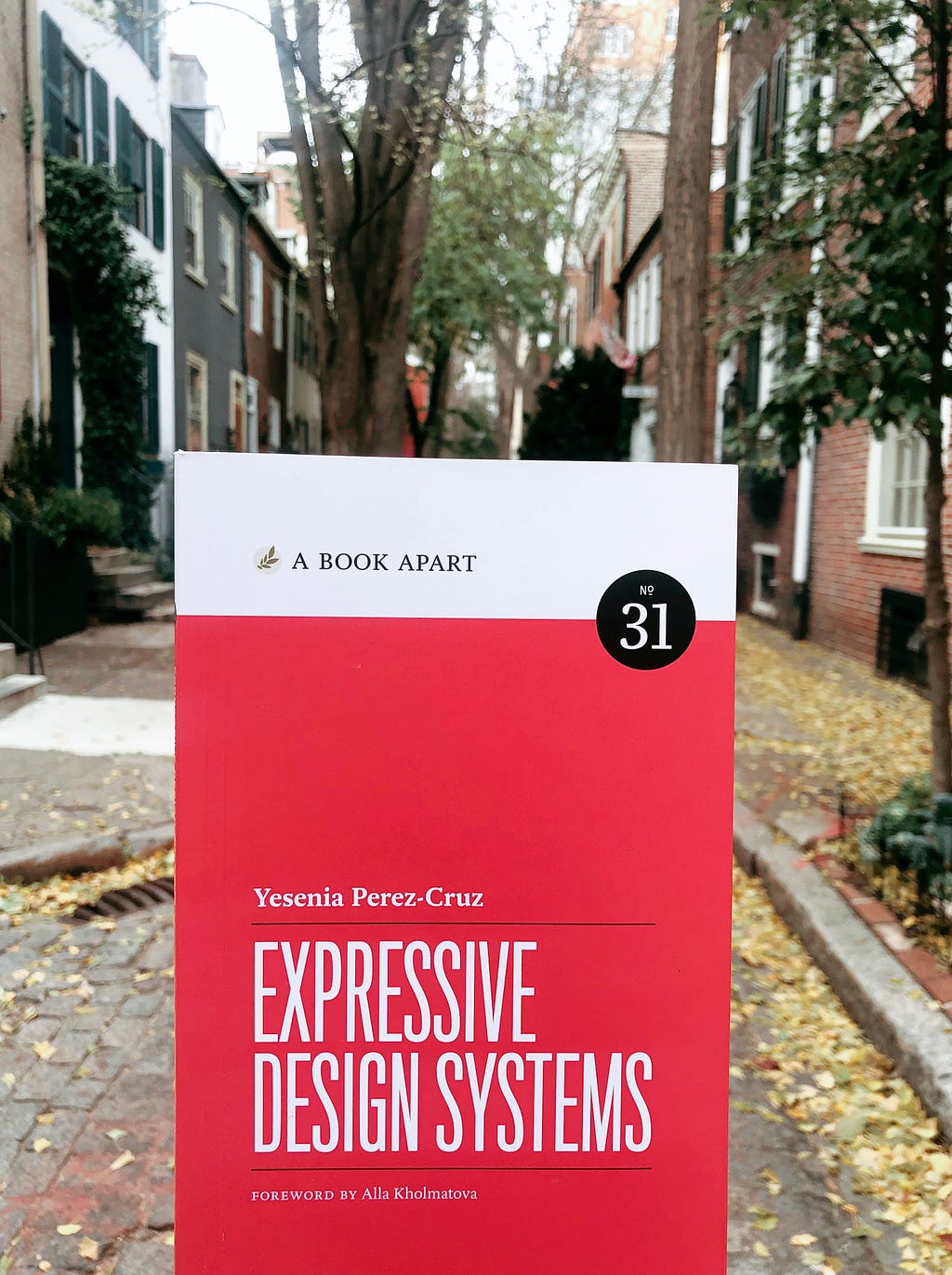 A photo of the book Expressive Design Systems in front of a street scene