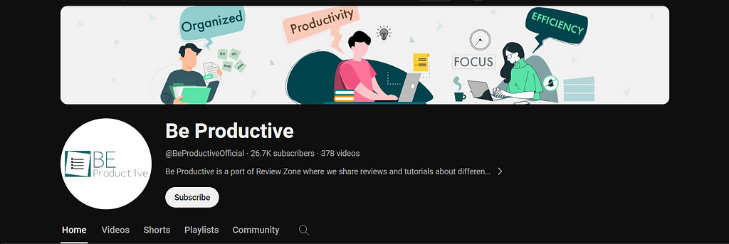 Be Productive YouTube Bio Screenshot