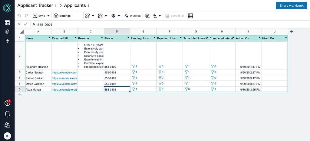 Spreadsheet view