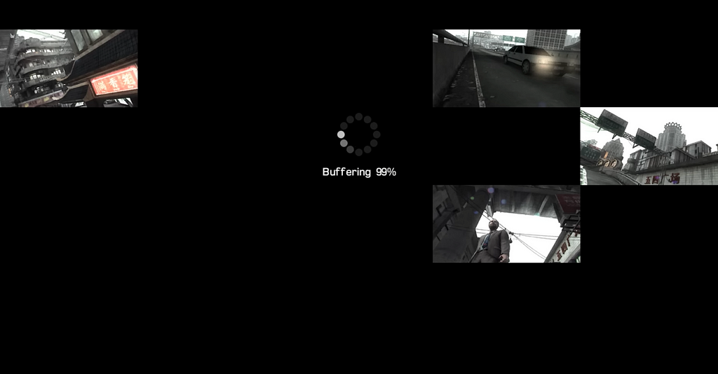 Screenshot of Kane & Lynch 2, featuring a loading screen showing a collage of photos, contexulised as the game “Buffering”