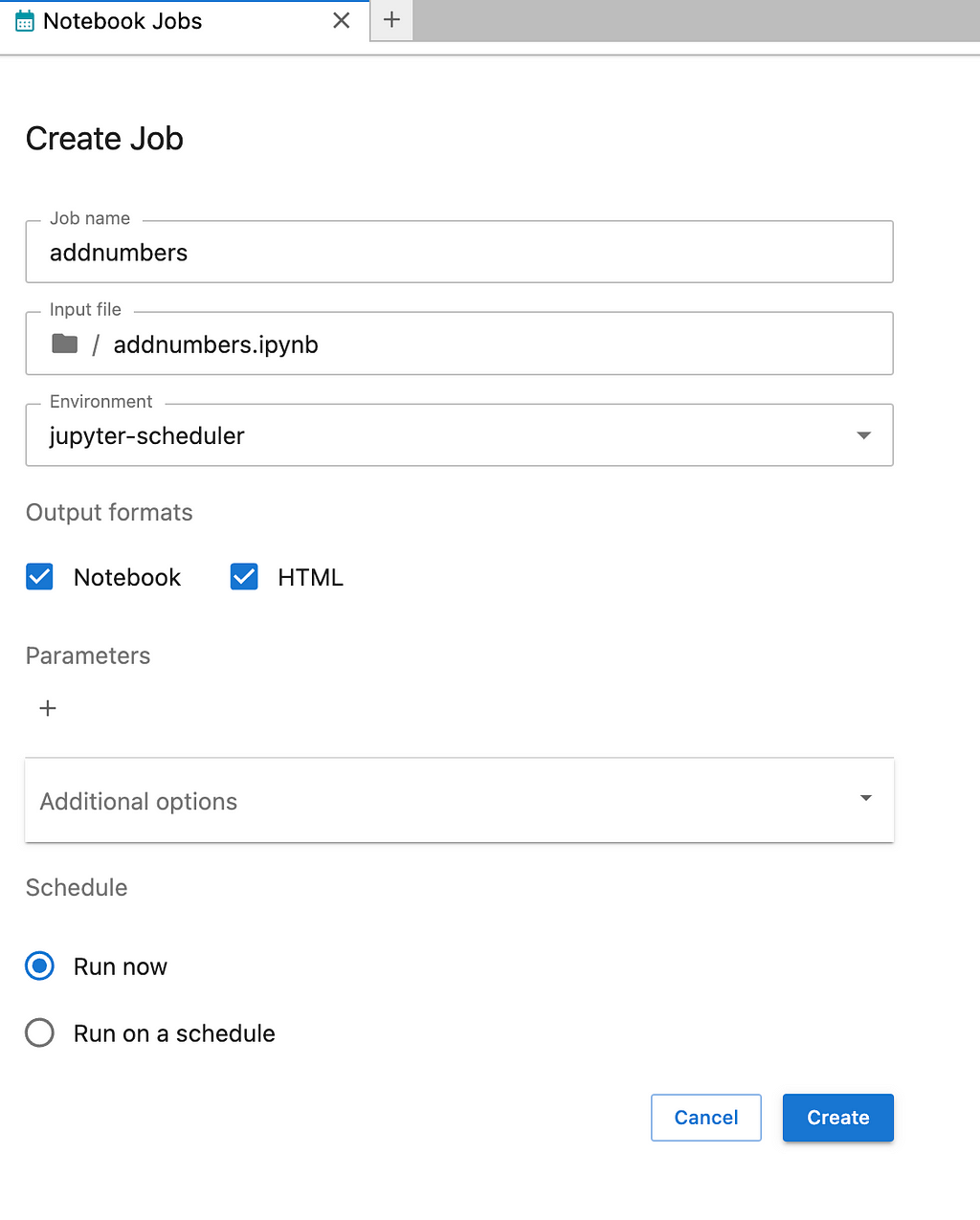 Screen shot of the Create Job form with sample input values provided