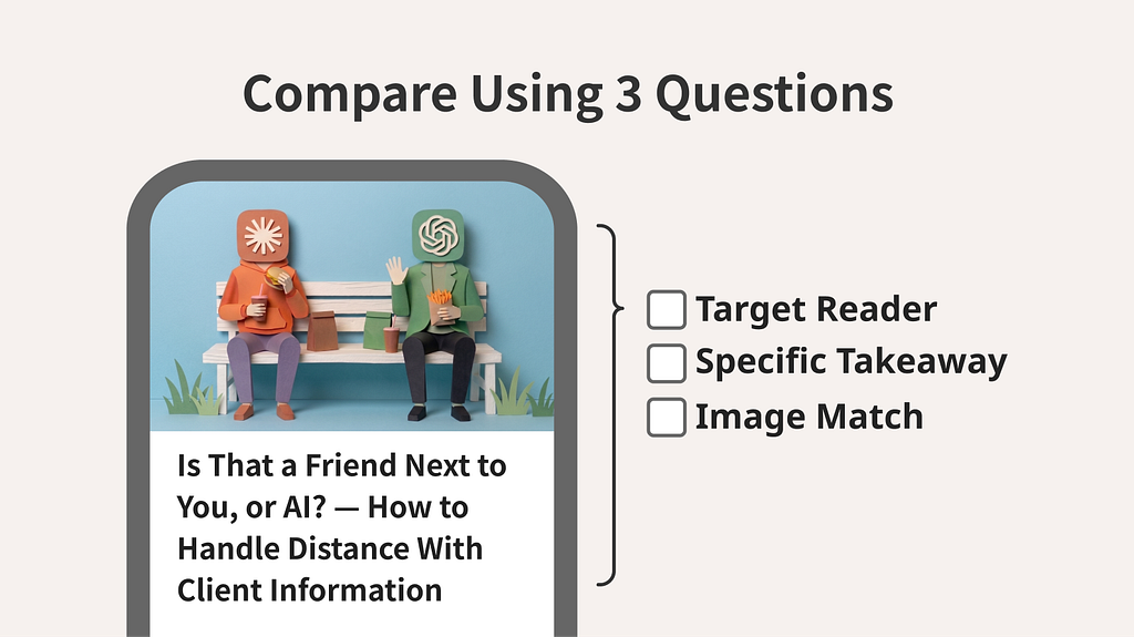 Evaluation of Option 1, which leads with the image scene, using three questions: target reader, specific takeaway, and image match.