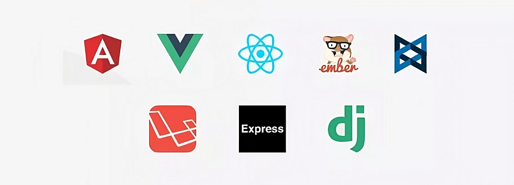 Mentioning the most popular options, React, Angular, Vue, Ember, and jQuery are common for front-end development, while Django, Ruby on Rails, Laravel, Spring, and Express are often used for back-end development.