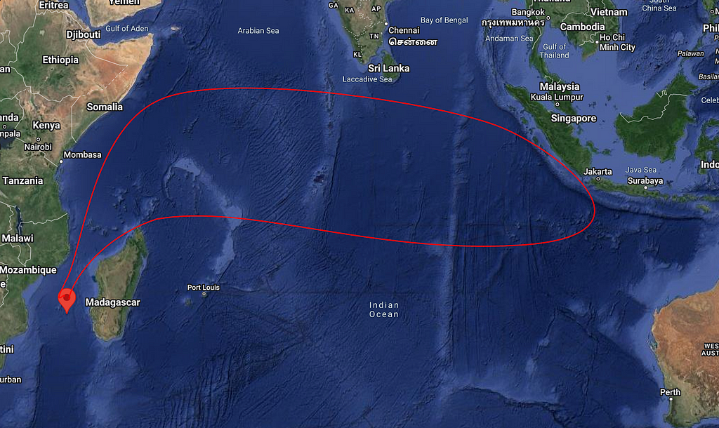 Region of travel for a group of frigatebirds in the Indian ocean.