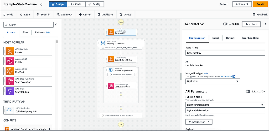 The image shows the AWS Step Functions workflow designer interface.