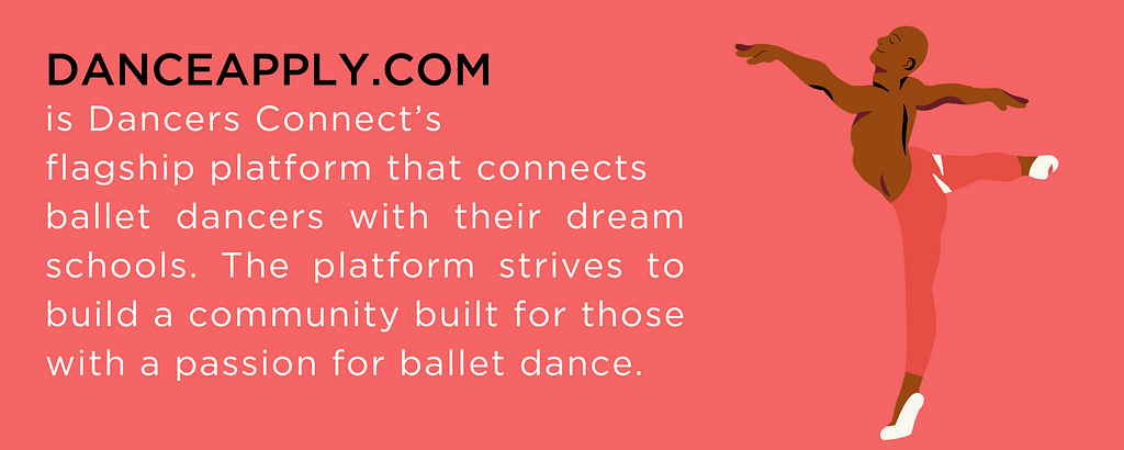 Drawing of ballet dancer with the text: “Danceapply.com is Dancers Connect’s flagship platform that connects ballet dancers with their dream schools. The platform strives to build a community built for those with a passion for ballet dance.”