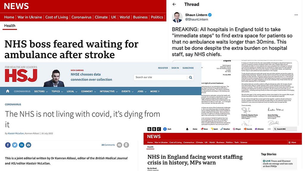 Screenshots of various news articles from BBC, HSJ and Twitter highlighting various crises in the NHS over the past few months.