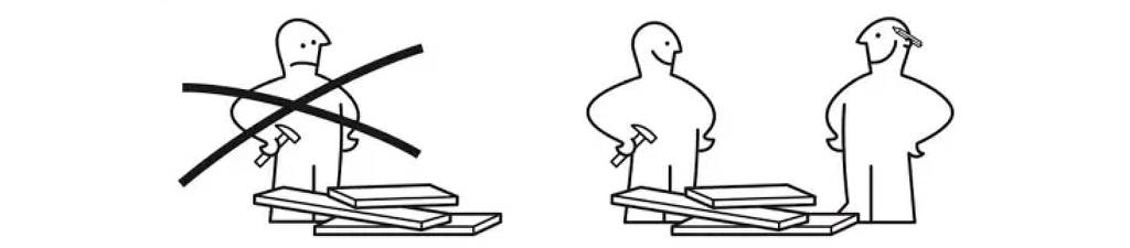 Two-panel IKEA instruction illustration: Wrong single-person assembly method crossed out, correct two-person assembly method shown. Stick figures handling flat-pack furniture.