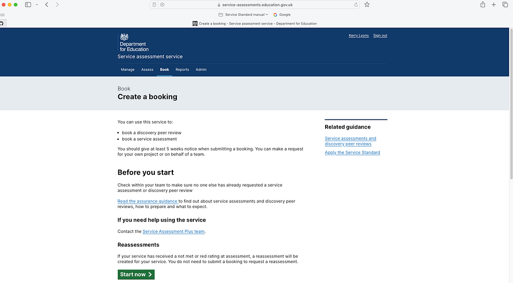 Screengrab of start page for Service assessment service in DfE. Includes a Start now button for a user to start a booking.