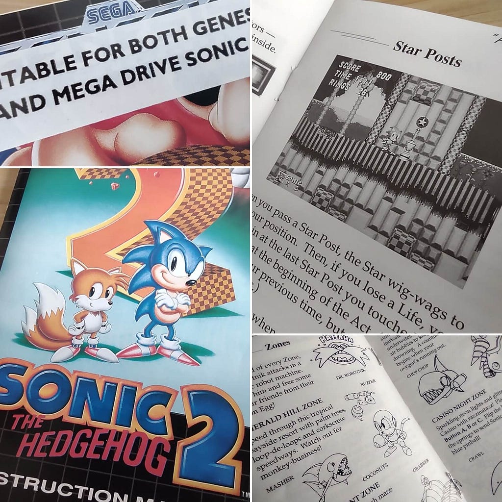 A collage of various photographs taken of the Sonic the Hedgehog 2 manual