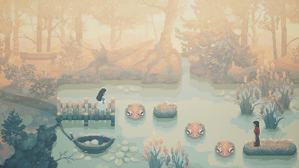 A screenshot of one of Indika’s platformer sections, featuring bright colors and retro-inspired pixel-art visuals.