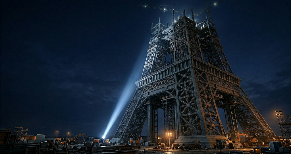 Incomplete architectural tower rising from solid foundation into dark sky, representing Meta Superintelligence Labs’ first model as promising but unfinished