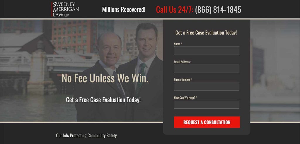 Screenshot of a law firm landing page with a clear call-to-action.