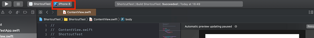 A screenshot of Xcode with the selected destination highlighted.