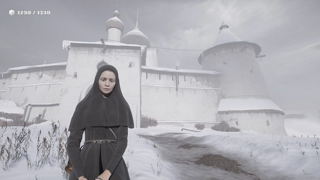 A screenshot from the opening of Indika, showing the monastery and the protagonist standing in front of it.