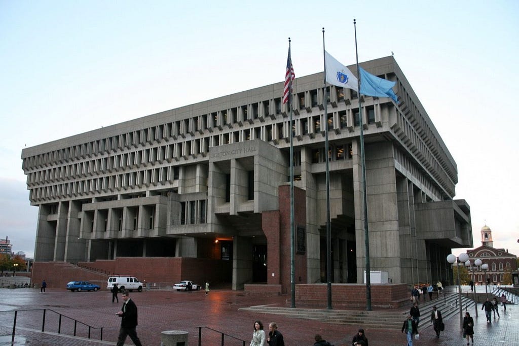 The Boston City Hall. The structure features concrete inside-out.