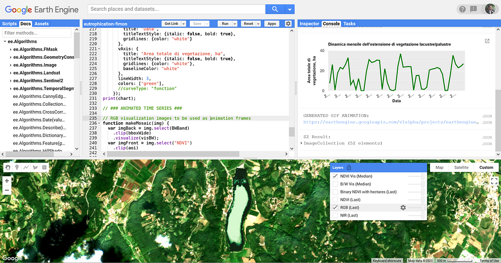 Interfaccia dello strumento Code Editor in Google Earth Engine.