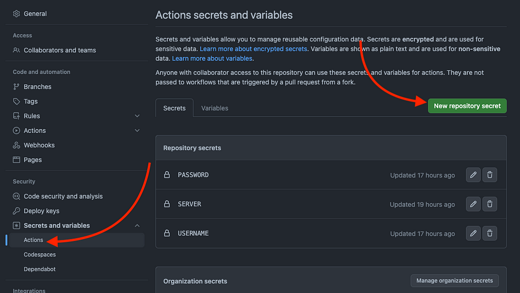 Github Actions Secret keys settings